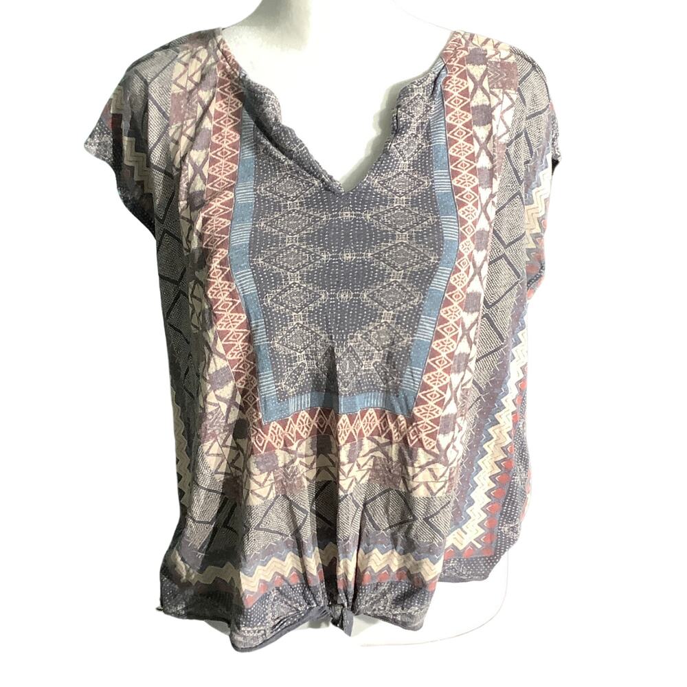Lucky Brand Boho Geometric Print Top Women M — Multi-Color, Tie Front, Festival